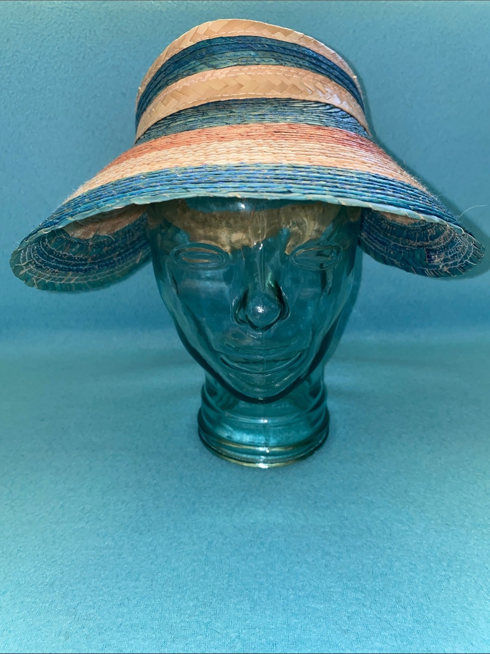 Handmade palm straw striped wide brim adjustable visor sun beach hat size OSFA